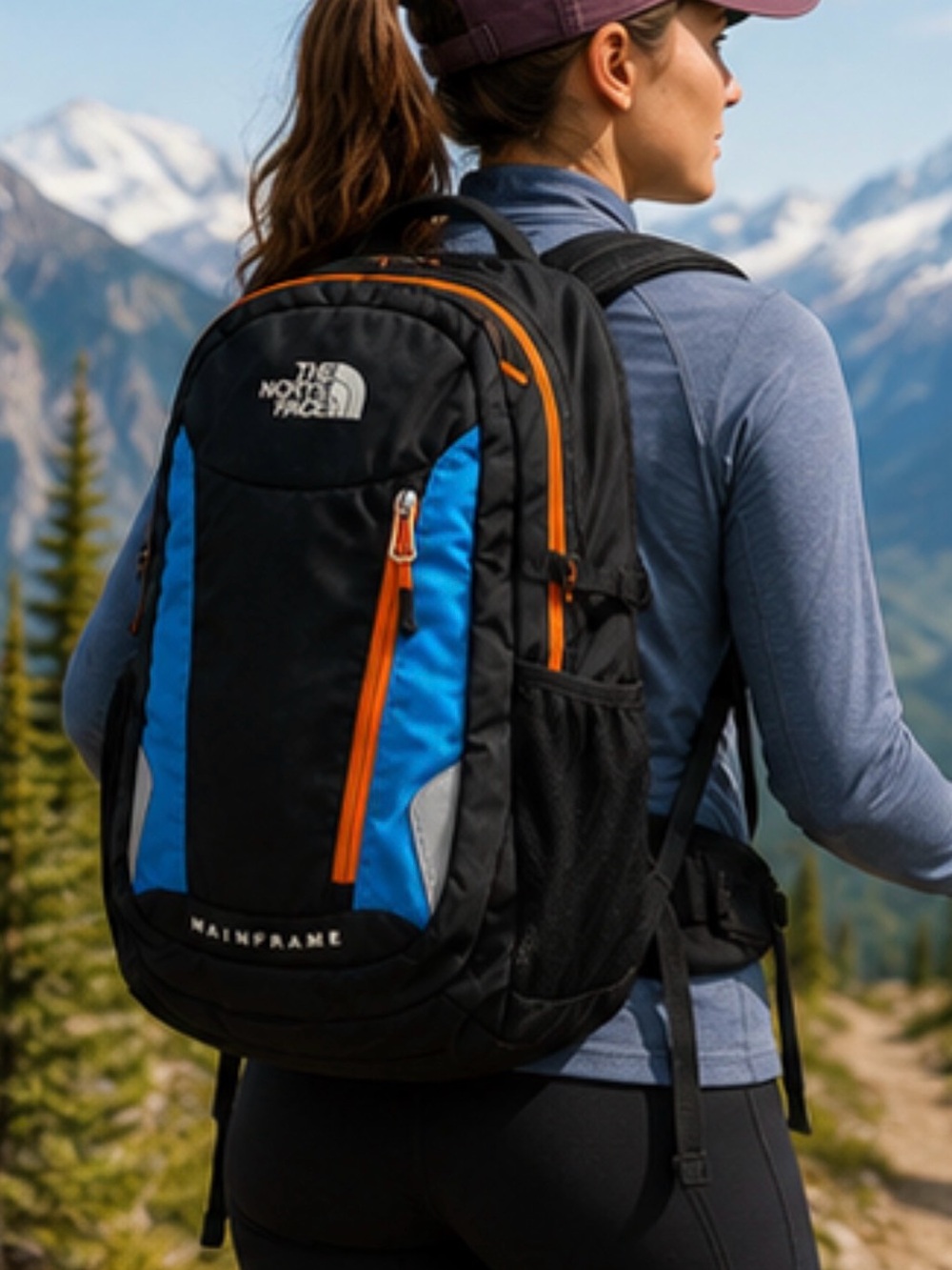 The North Face Black Backpack with Blue Panels & Orange Zipper